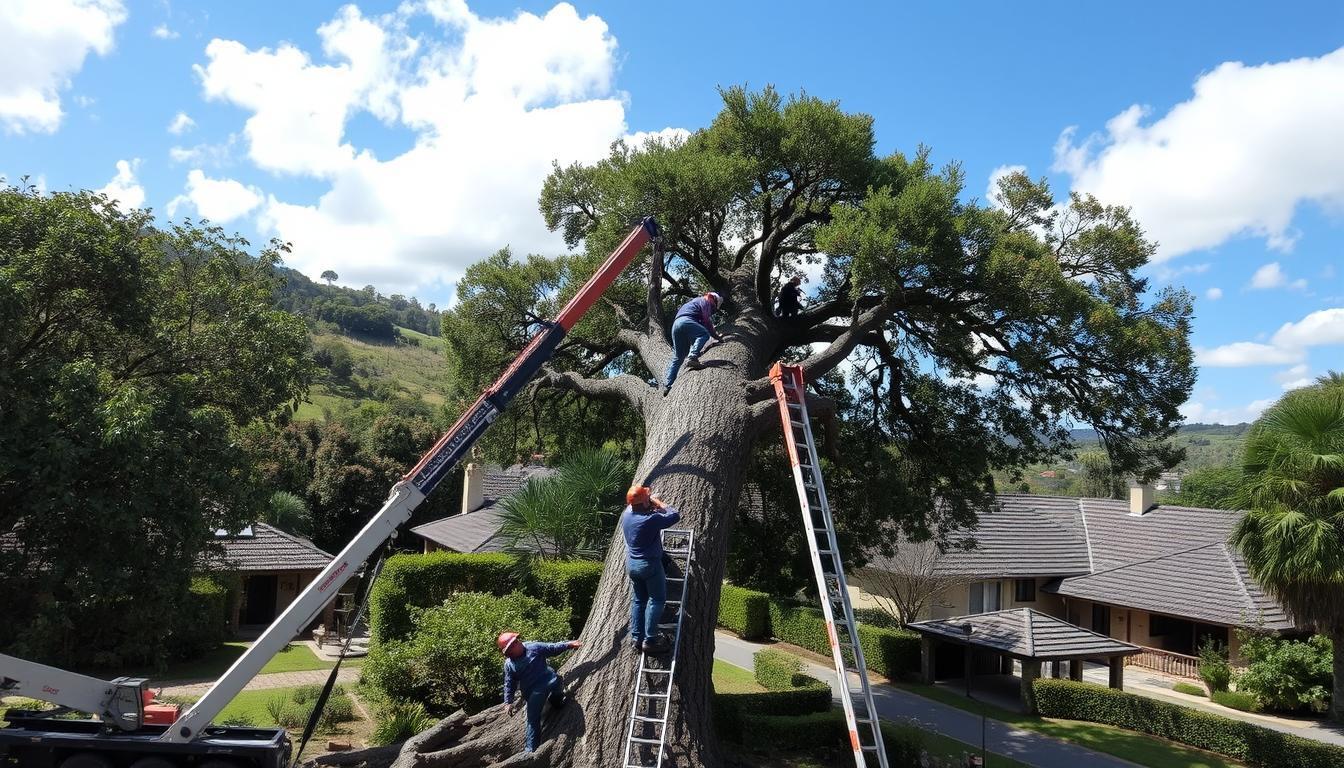 Tree removal service cutting large tree in backyard USA